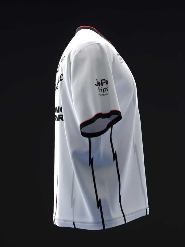 White bowling jersey with black and red trim and graphic design, side view