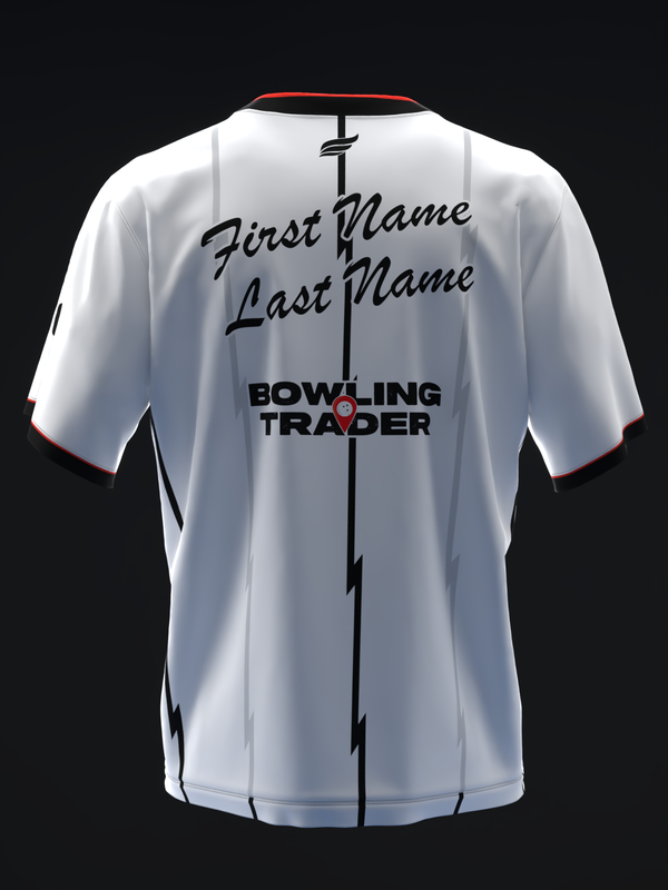 White bowling jersey back view with black piping and Bowling Trader logo
