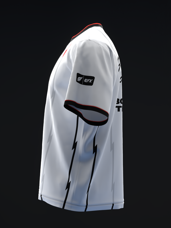 White bowling jersey with red and black trim, EFX logo visible on side view