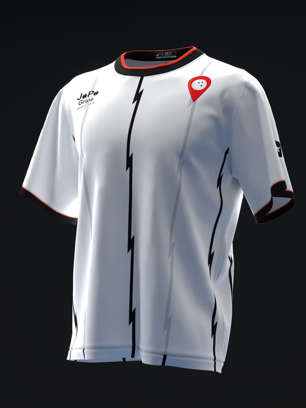 White bowling jersey with red and black trim and location pin graphic on front
