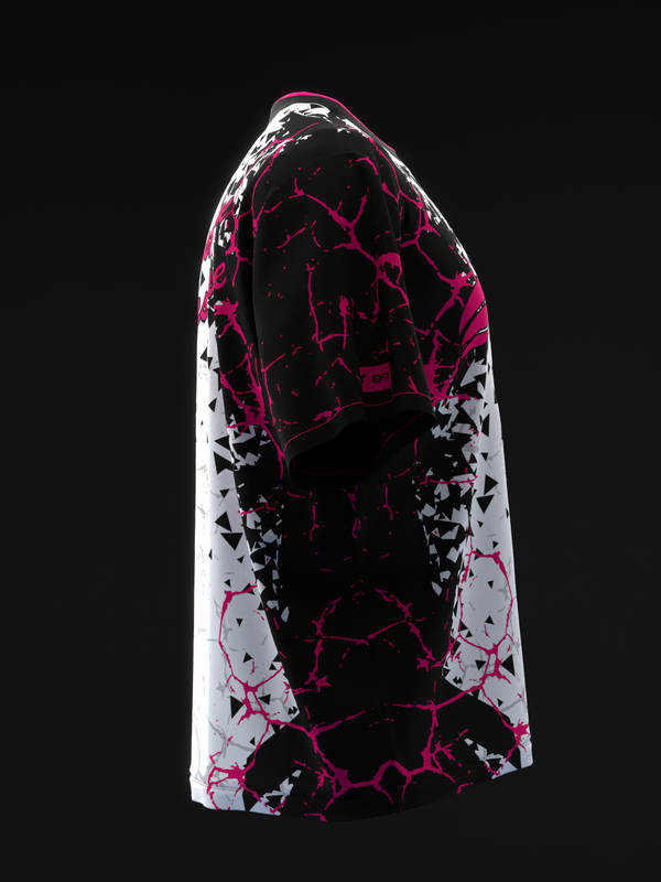 Black bowling jersey with magenta abstract pattern and white geometric accents, side view