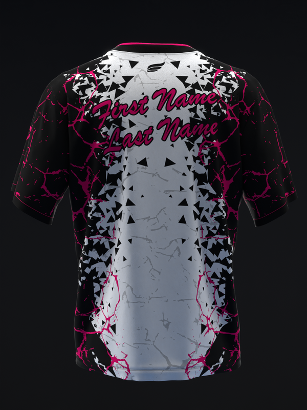 Black and pink bowling jersey with white center panel and geometric triangle pattern