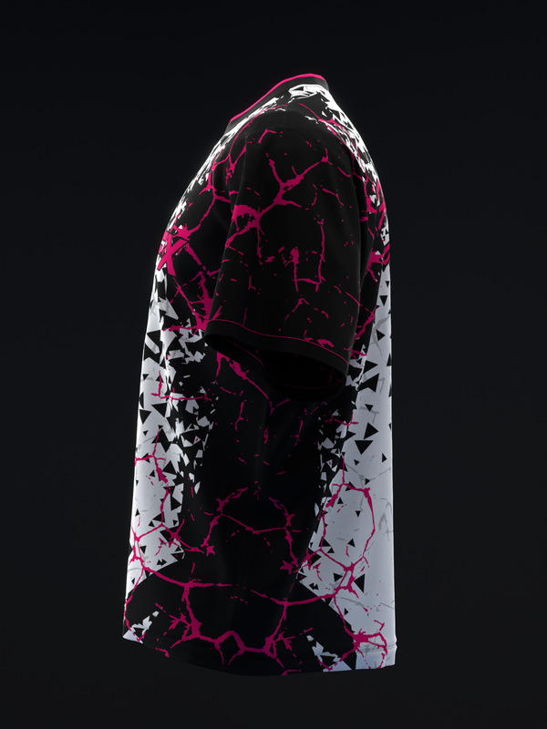 Black bowling jersey with magenta cracked pattern and white side panels, front view