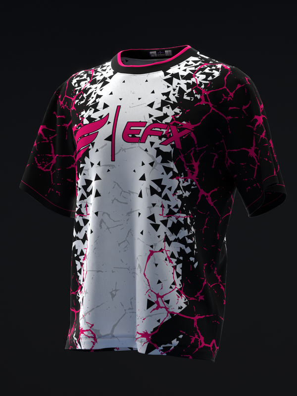Black pink bowling jersey with geometric star and crackle pattern front view