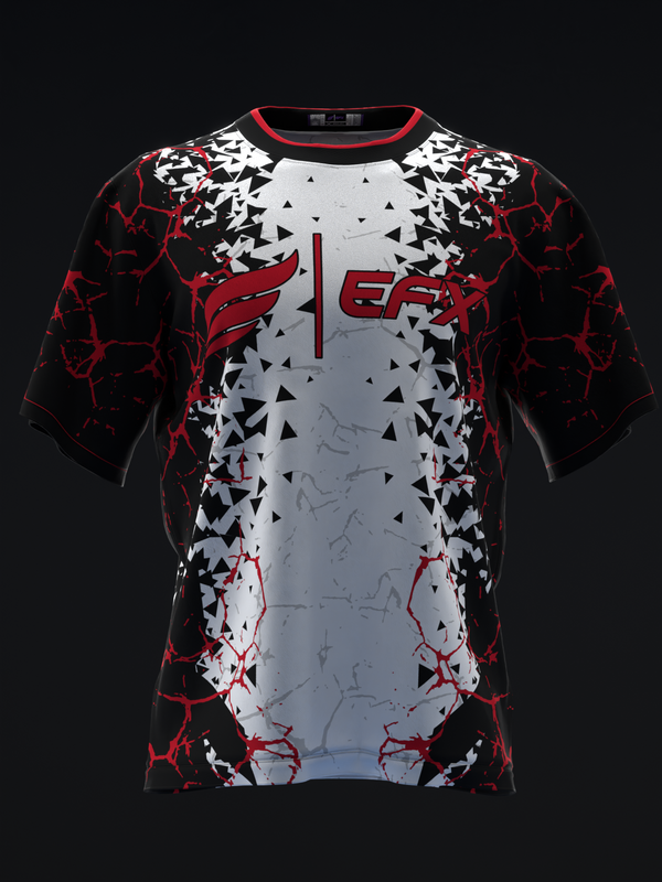 Black bowling jersey with red and white geometric triangle pattern front view