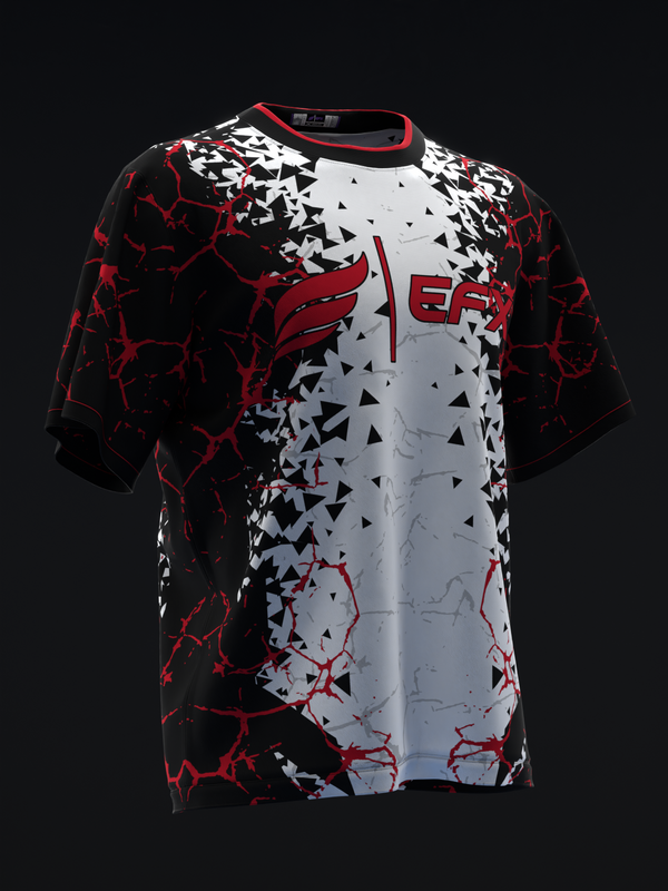 Black and white bowling jersey with red trim and scattered triangle pattern design