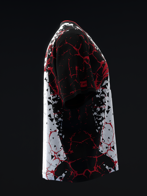 Black bowling jersey with red and white crackle pattern on sleeves, side view