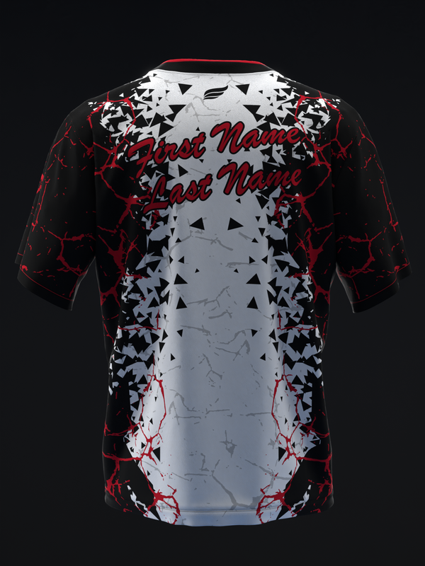 Black and red bowling jersey with white geometric triangle pattern and script text