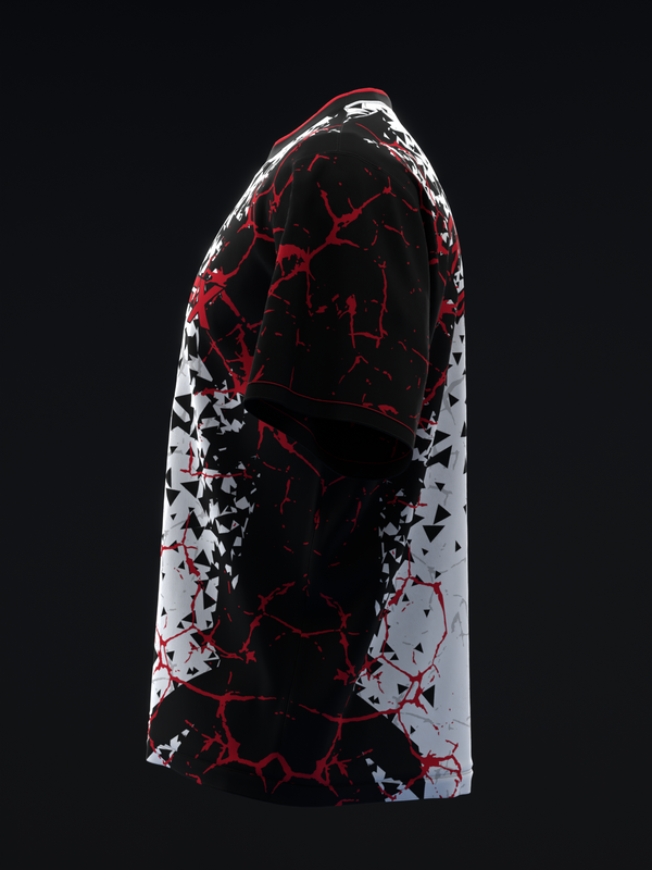 Black bowling jersey with red and white splatter and geometric pattern, side view