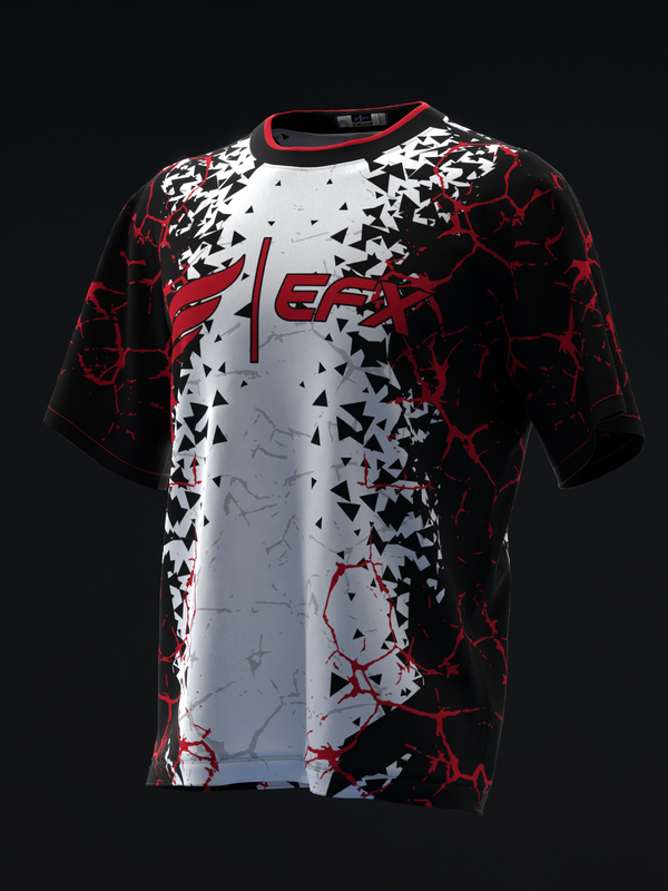 Black and red bowling jersey with white star pattern and lightning graphic design, front view