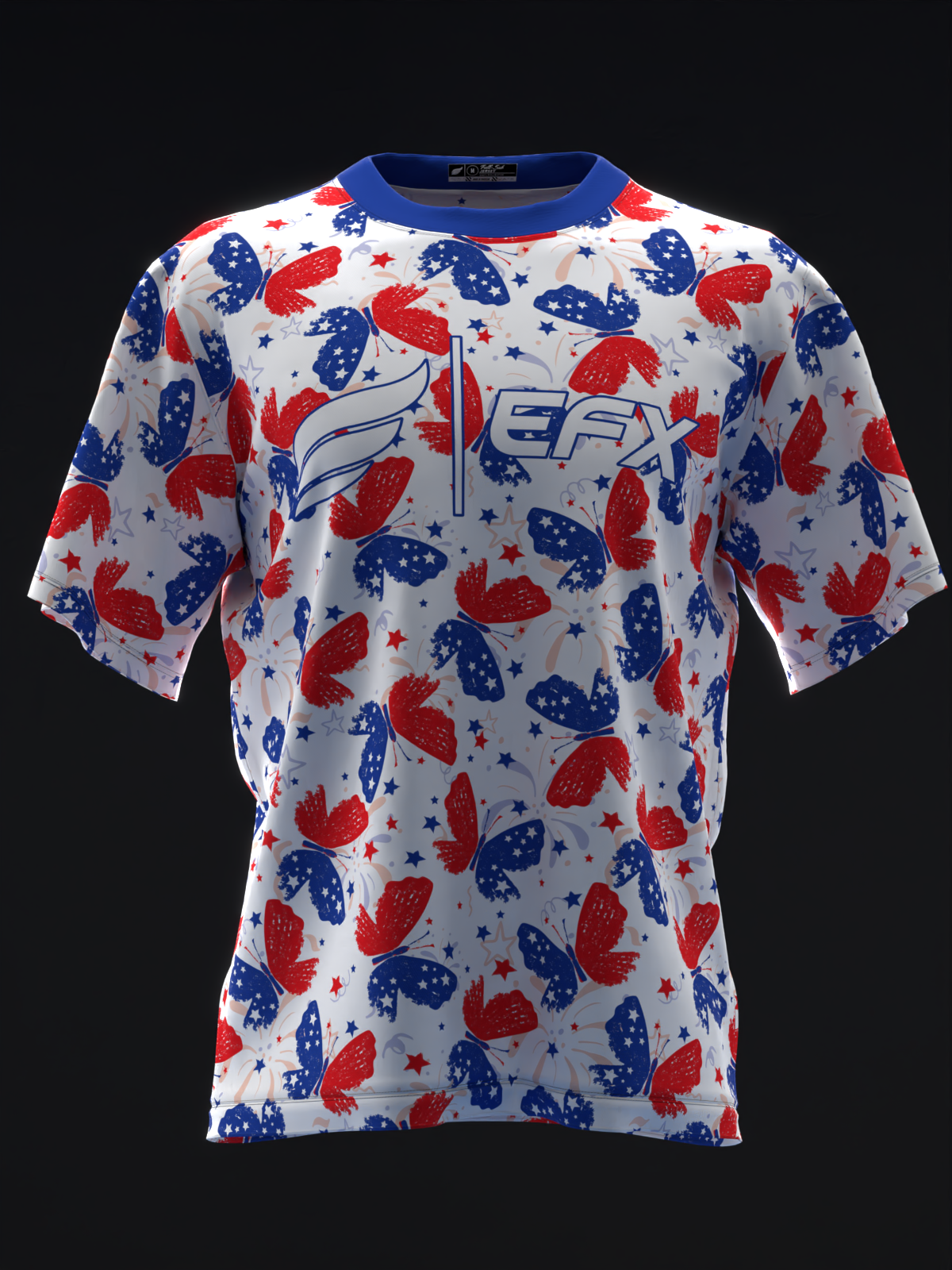 White bowling jersey with red and blue butterfly pattern and EFX logo