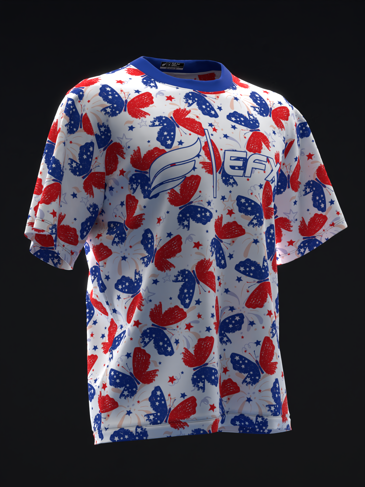 White bowling jersey with red and blue butterfly and star pattern, front view