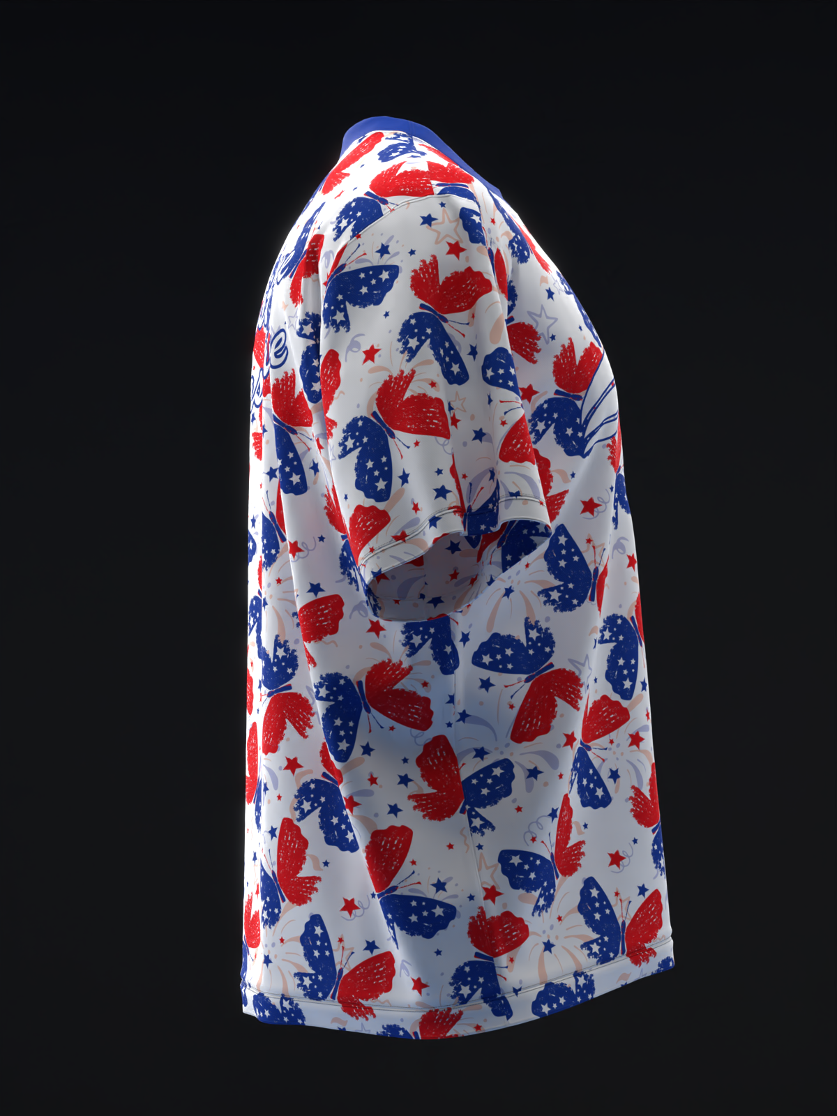 White bowling jersey with red and blue butterfly and star pattern, side view