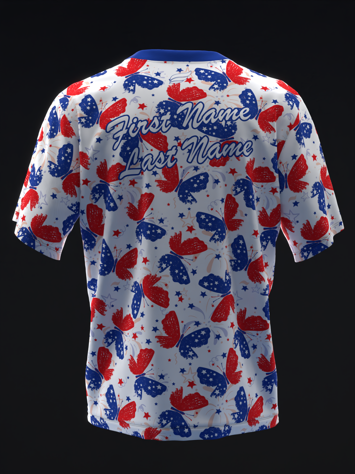 Back view of white bowling jersey with red and blue butterfly pattern and personalization text