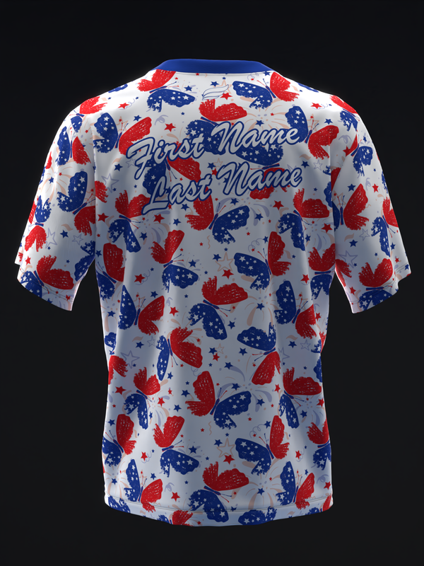 Back view of white bowling jersey with red and blue butterfly pattern and personalization text