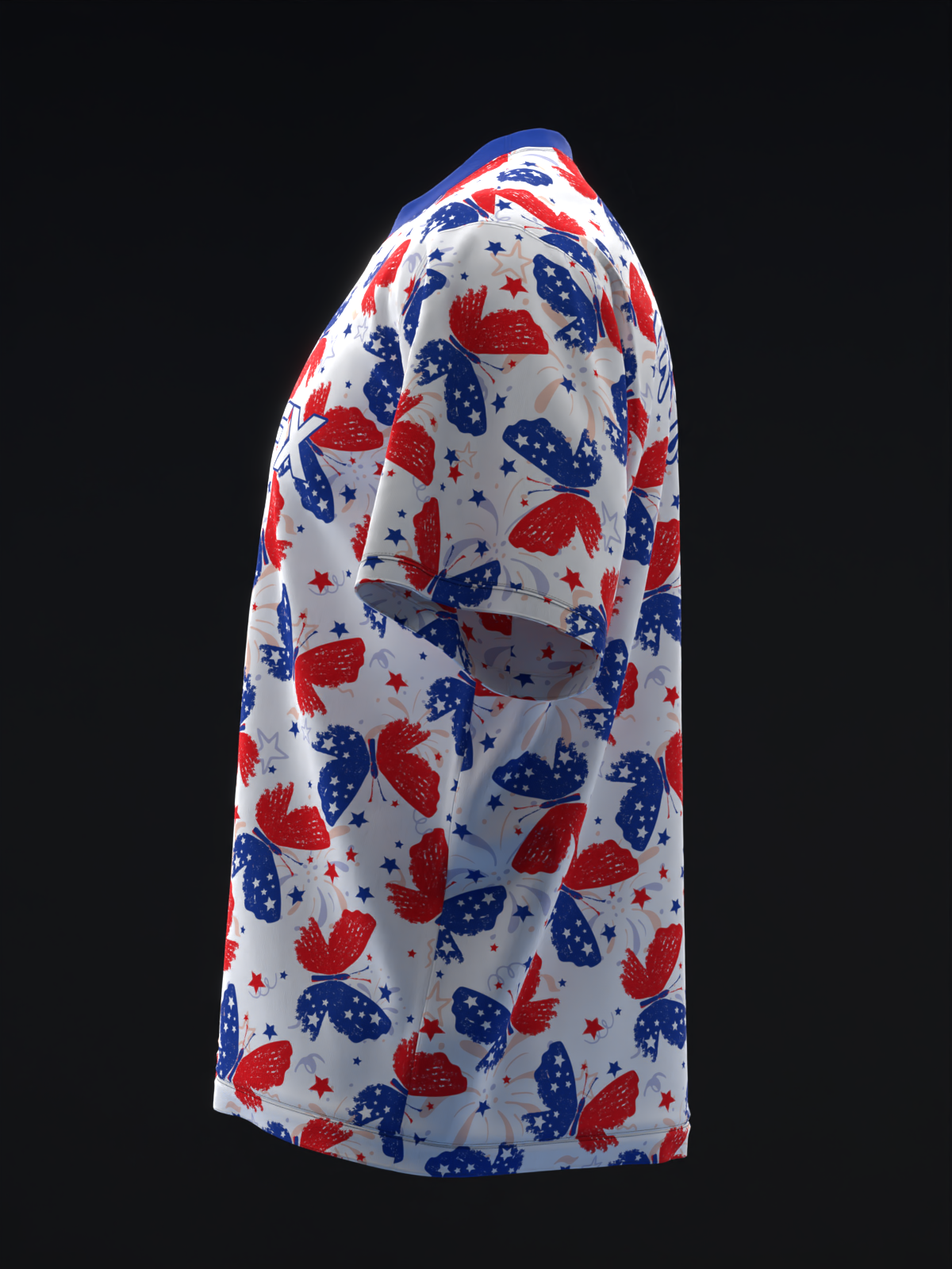 White bowling jersey with red and blue butterfly and star pattern, side view