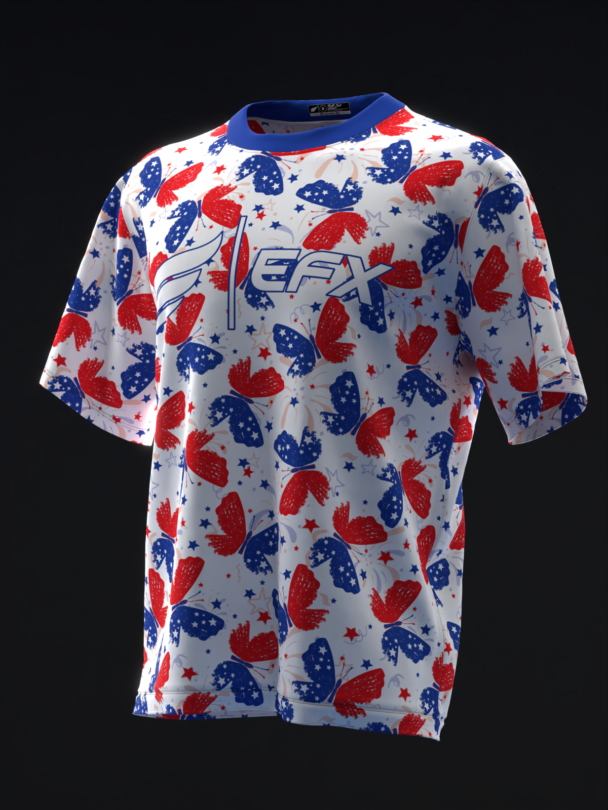 White bowling jersey with red and blue butterfly pattern and stars, front view