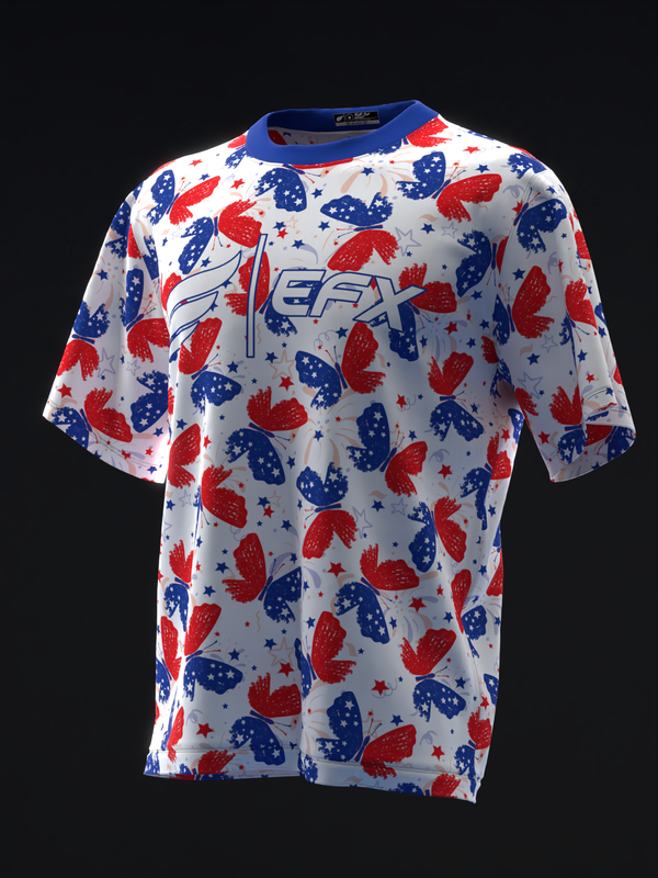 White bowling jersey with red and blue butterfly pattern and stars, front view
