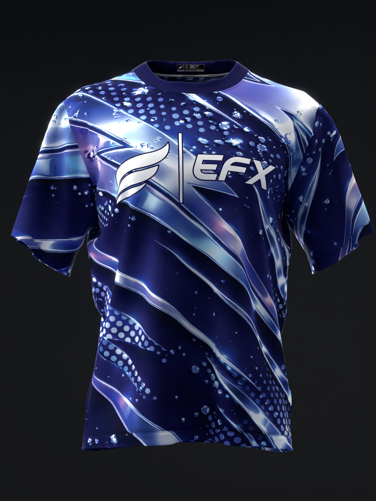 Dark blue bowling jersey with EFX logo and diagonal striped pattern design, front view