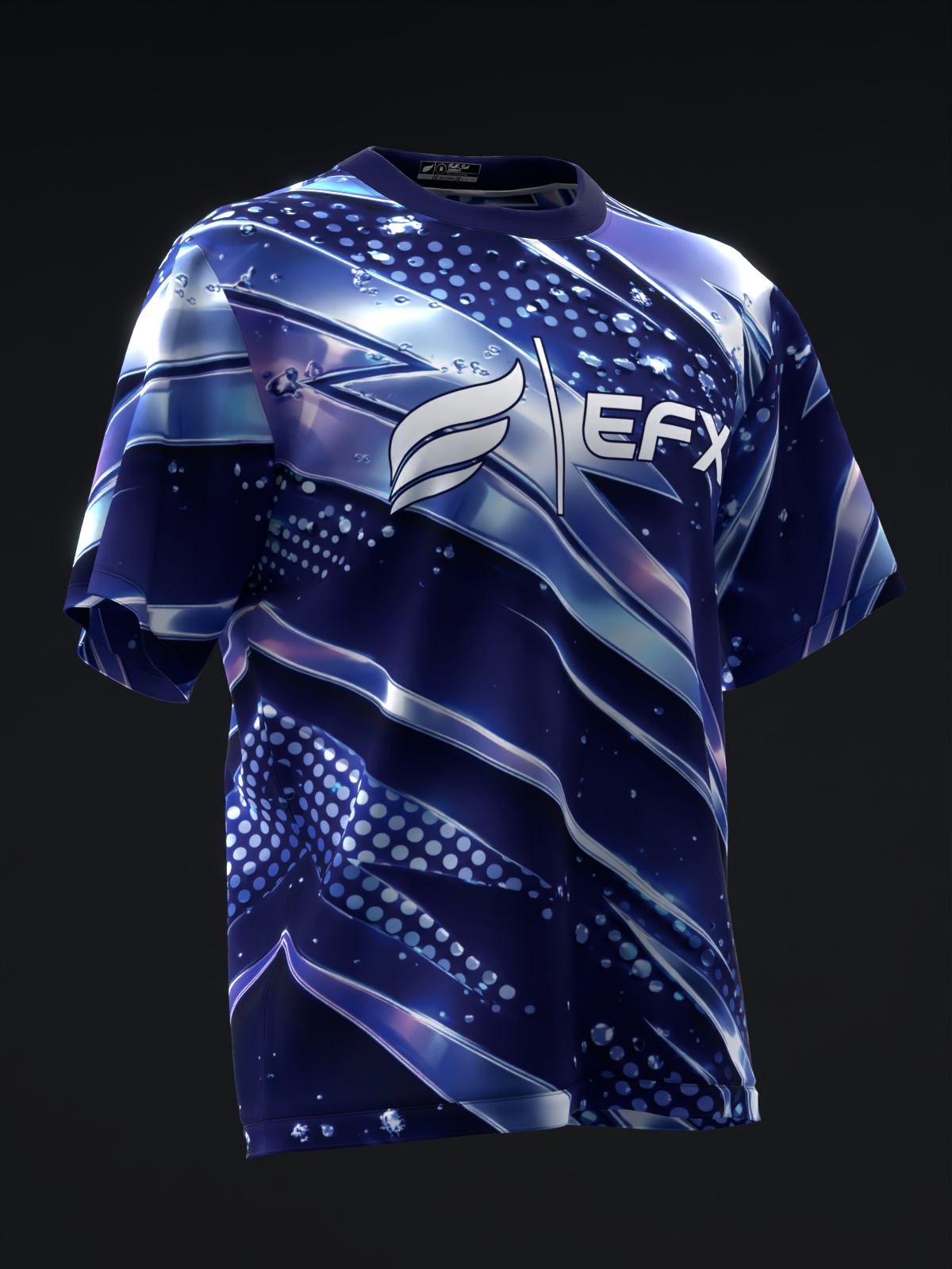 Dark blue bowling jersey with white EFX logo and diagonal swoosh pattern design, front view