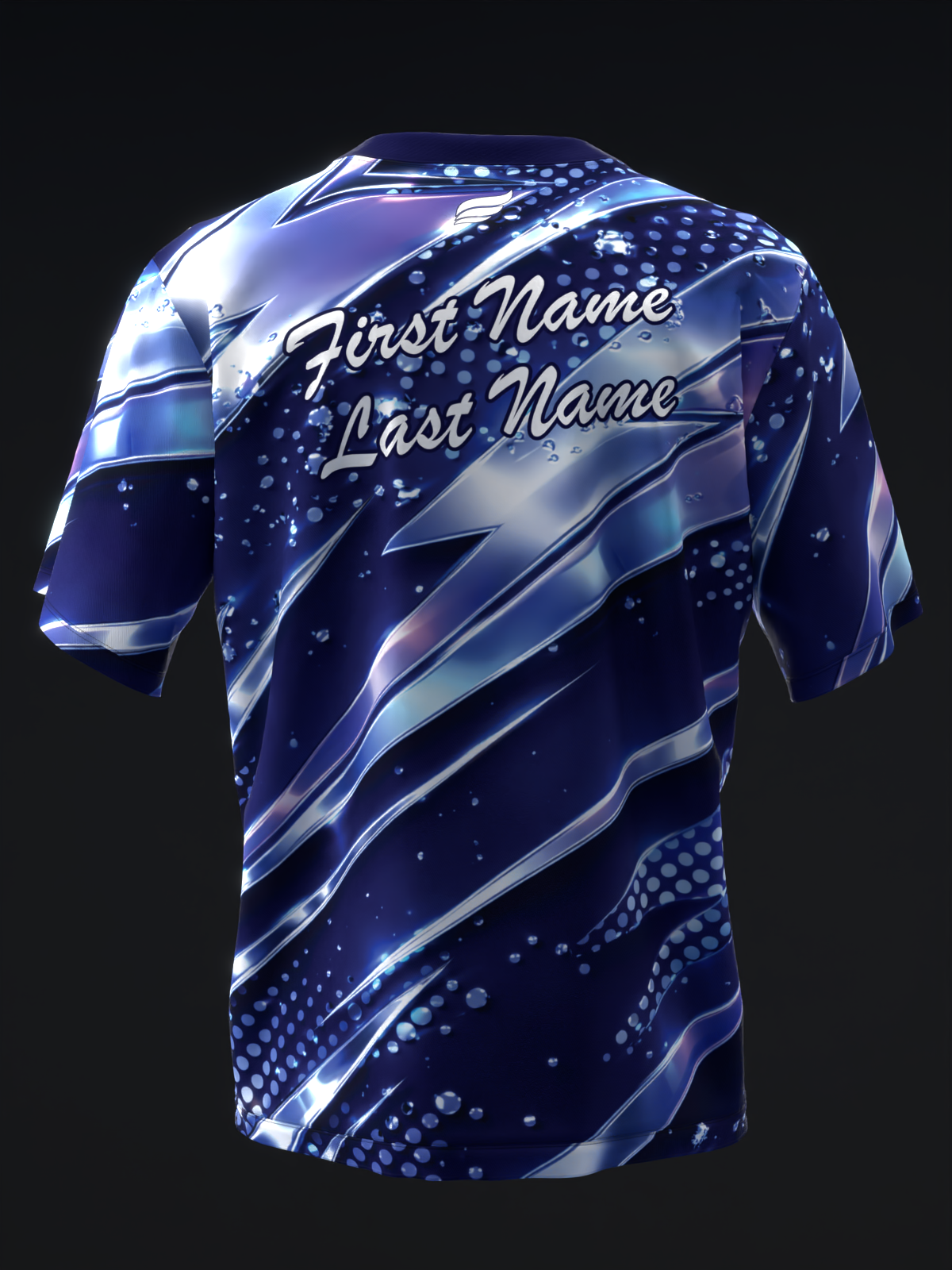 Navy bowling jersey with blue and silver diagonal stripes and dot pattern, back view