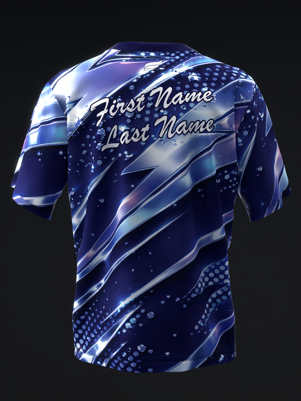 Navy bowling jersey with blue and silver diagonal stripes and dot pattern, back view