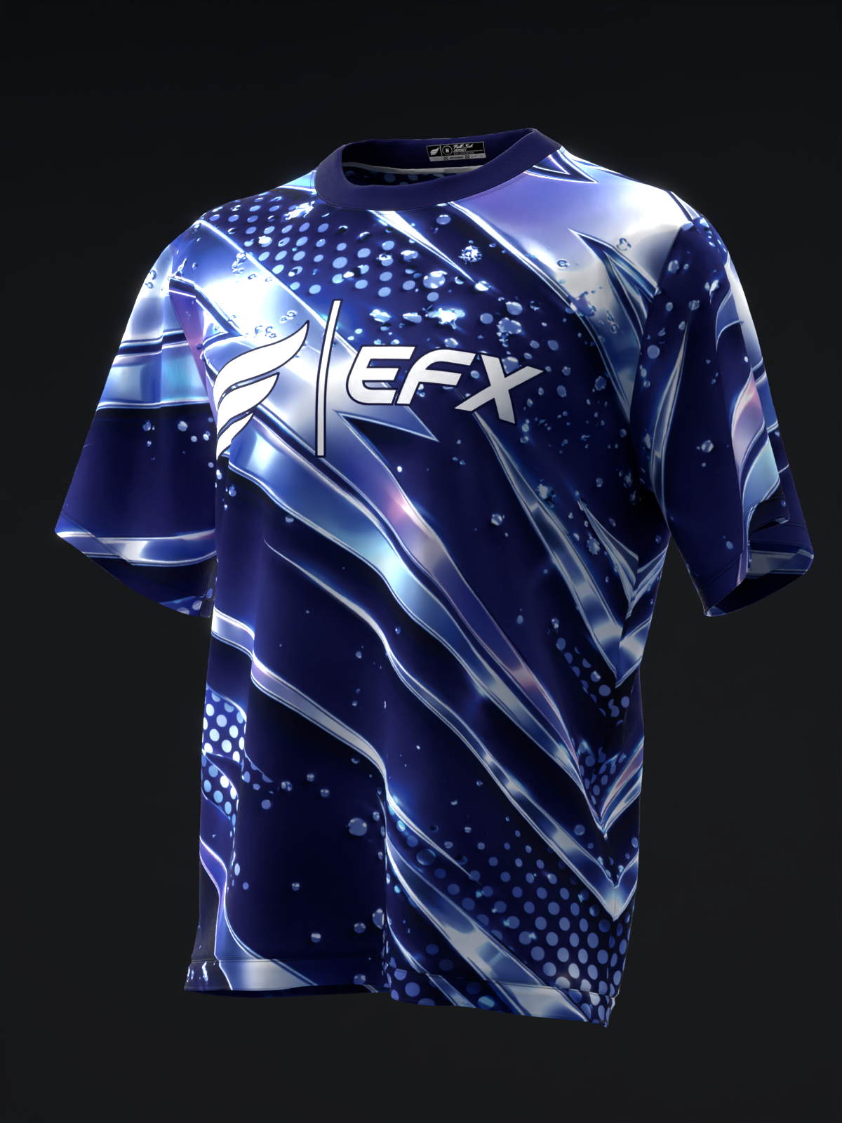 Navy bowling jersey with silver chrome diagonal stripes and dot pattern, front view