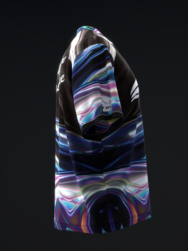 Black bowling jersey with colorful liquid swirl gradient pattern, front view