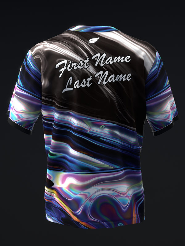Black bowling jersey with iridescent liquid swirl design and name customization back view