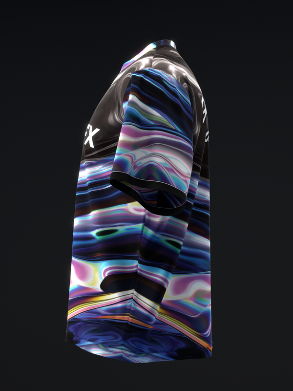 Black bowling jersey with vibrant holographic liquid swirl pattern, side view