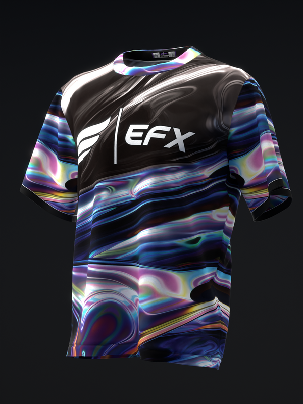 Black bowling jersey with multicolored iridescent liquid swirl pattern and EFX logo