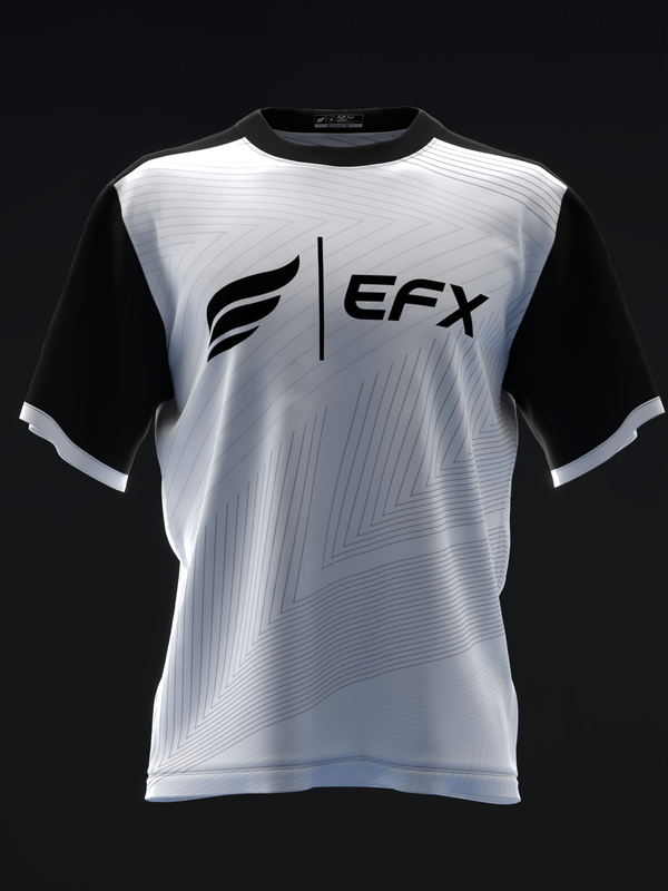 Black and white bowling jersey with EFX logo and geometric line pattern on front
