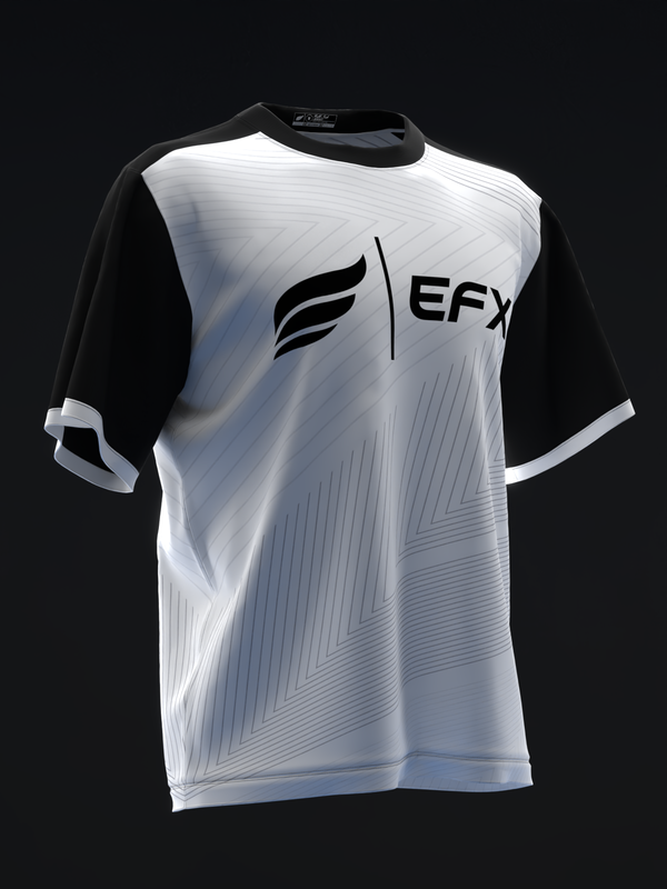 White bowling jersey with black sleeves and EFX logo graphic, front view