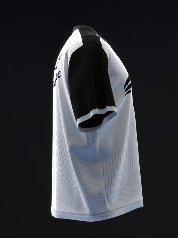 White sleeveless bowling jersey with black interior and geometric line pattern detail