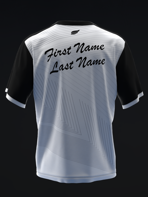 White bowling jersey with black sleeves and geometric line pattern, back view with personalization fields
