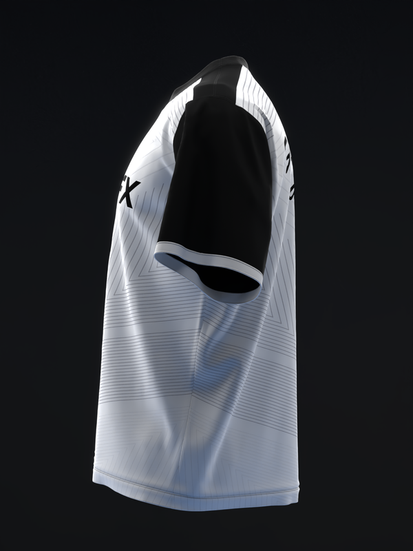 White bowling jersey with horizontal ribbed texture and black X graphic on sleeve