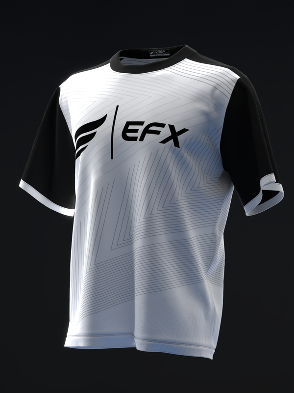 White bowling jersey with black sleeves and EFX logo, front view