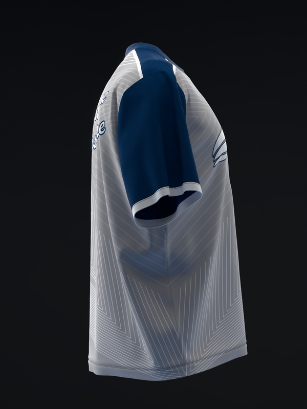 White bowling jersey with navy blue panel and subtle linear striped pattern, front view
