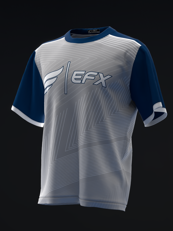 Navy and silver bowling jersey with geometric line pattern and EFX logo, front view