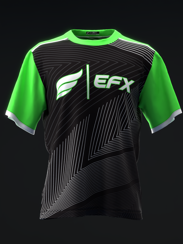 Black bowling jersey with neon green sleeves and EFX logo graphic