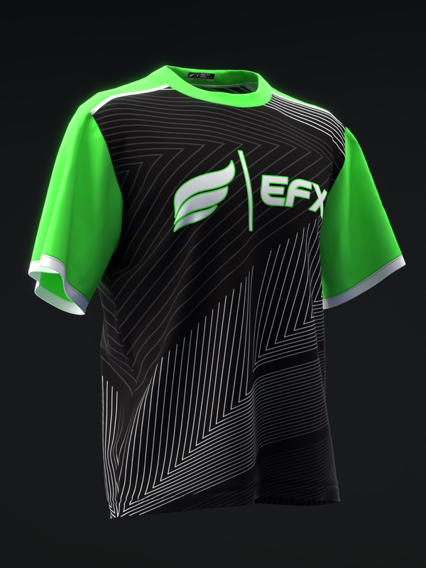 Neon green and black bowling jersey with diagonal line pattern and EFX logo, front view