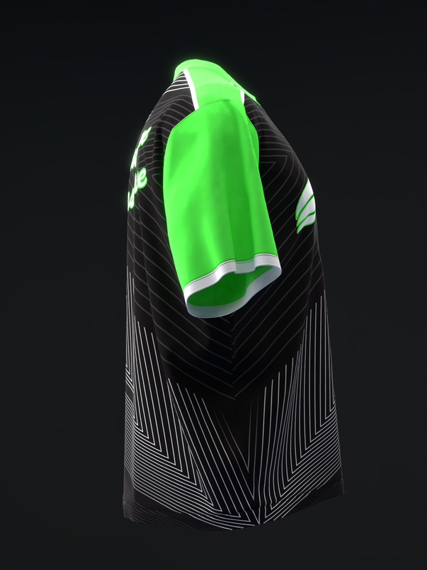 Neon green and black bowling jersey with geometric line pattern, front view