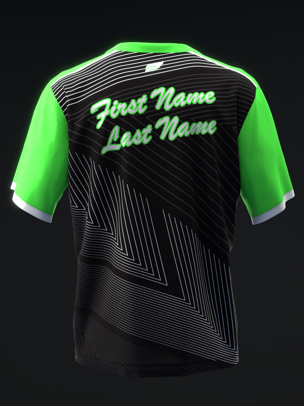 Black bowling jersey with neon green sleeves and diagonal stripe pattern, back view