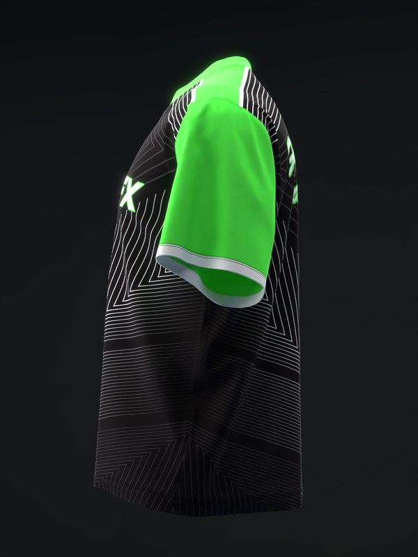 Neon green and black bowling jersey with geometric striped pattern and white graphic detail