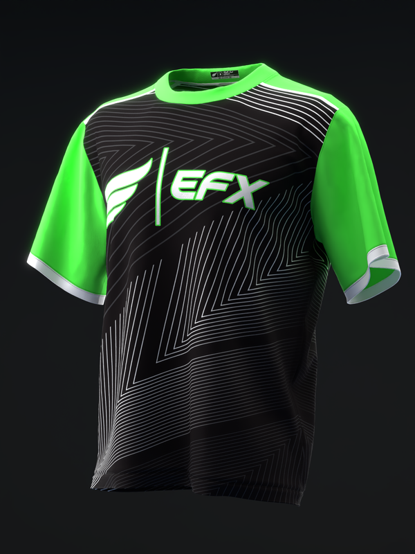 Neon green and black bowling jersey with white striped geometric pattern on front