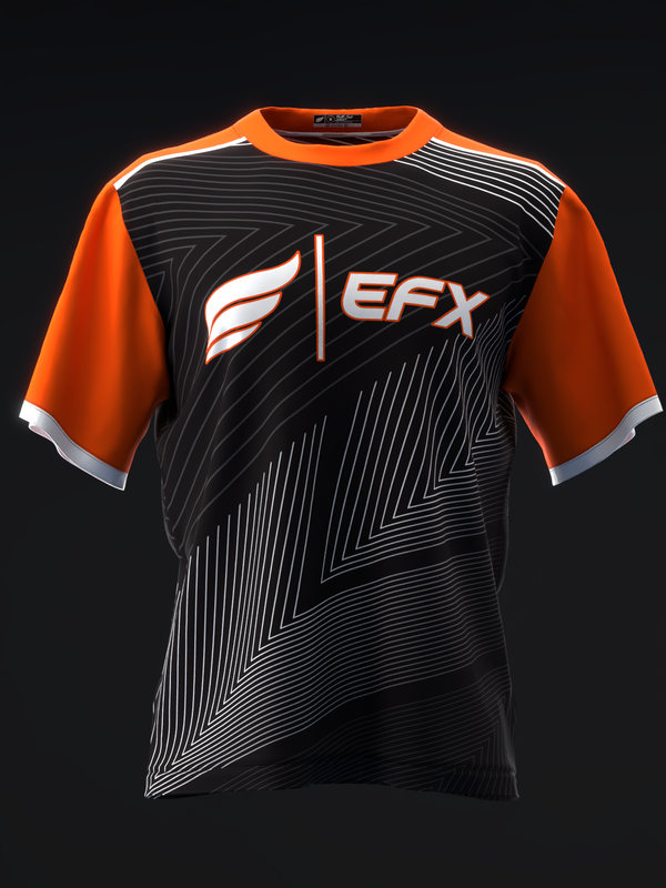Black bowling jersey with neon orange sleeves and geometric line pattern design