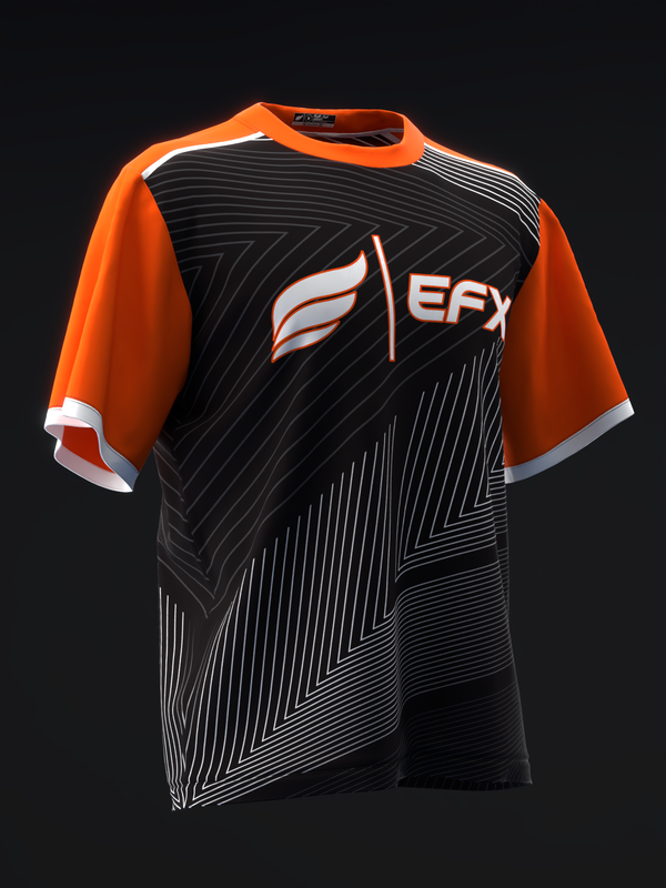 Black bowling jersey with orange sleeves, white striping pattern, and EFX logo