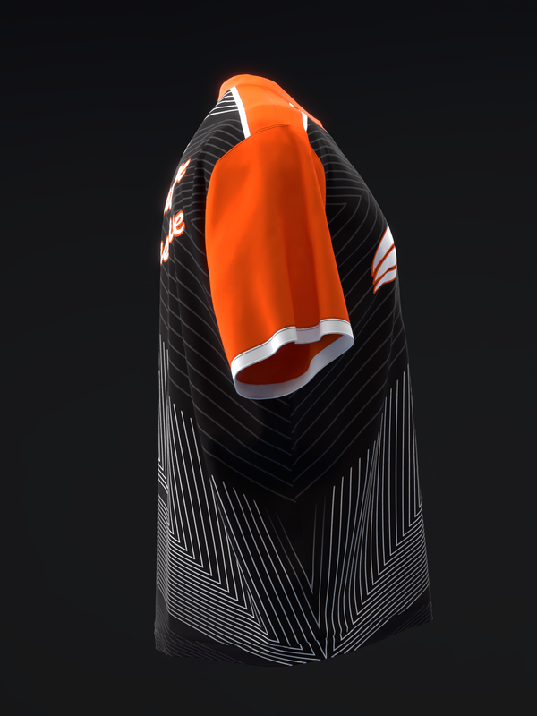 Bowling jersey with neon orange body and black striped sleeves, front view