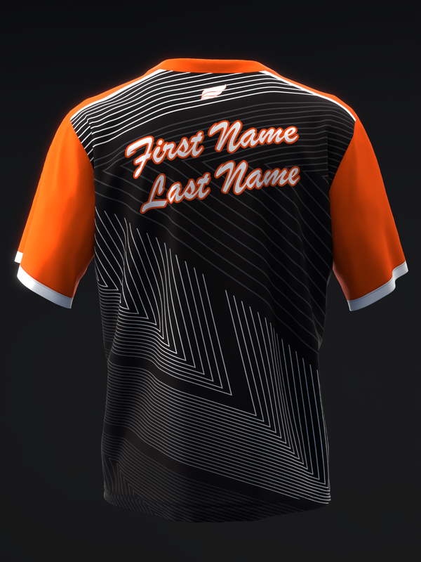 Black bowling jersey with orange sleeves and white diagonal stripe pattern