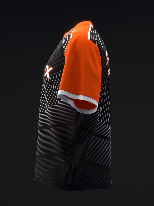 Bowling jersey with neon orange back and black striped sleeves, side view